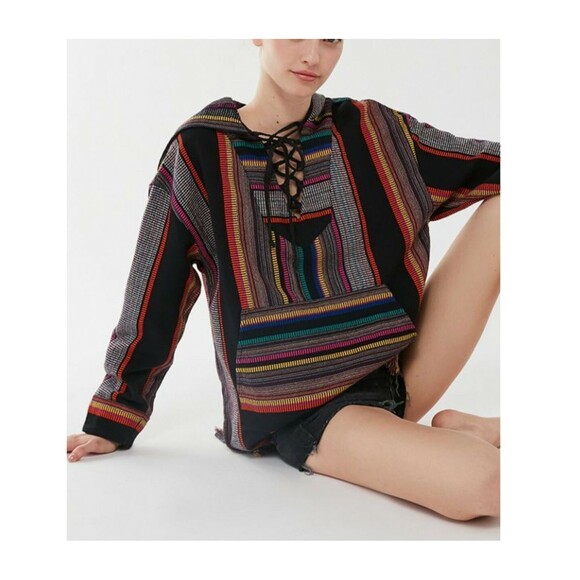 Urban Outfitters Tyler Lace-Up Top Pullover Hoodie Striped Sweatshirt XS 209241 - Picture 1 of 12